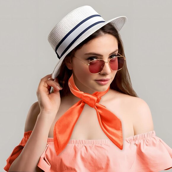 Women's Orange Silk Feeling Scarf 23.6'' Square Satin Scarf Neck Head Bandana - Picture 2 of 7